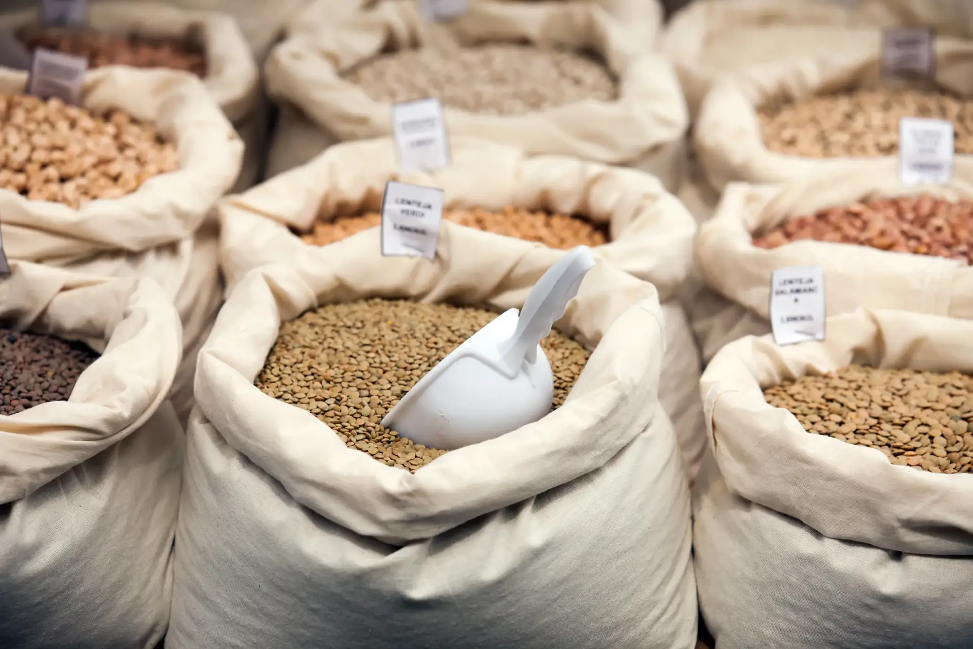 Bags of grain and feed ready for delivery.