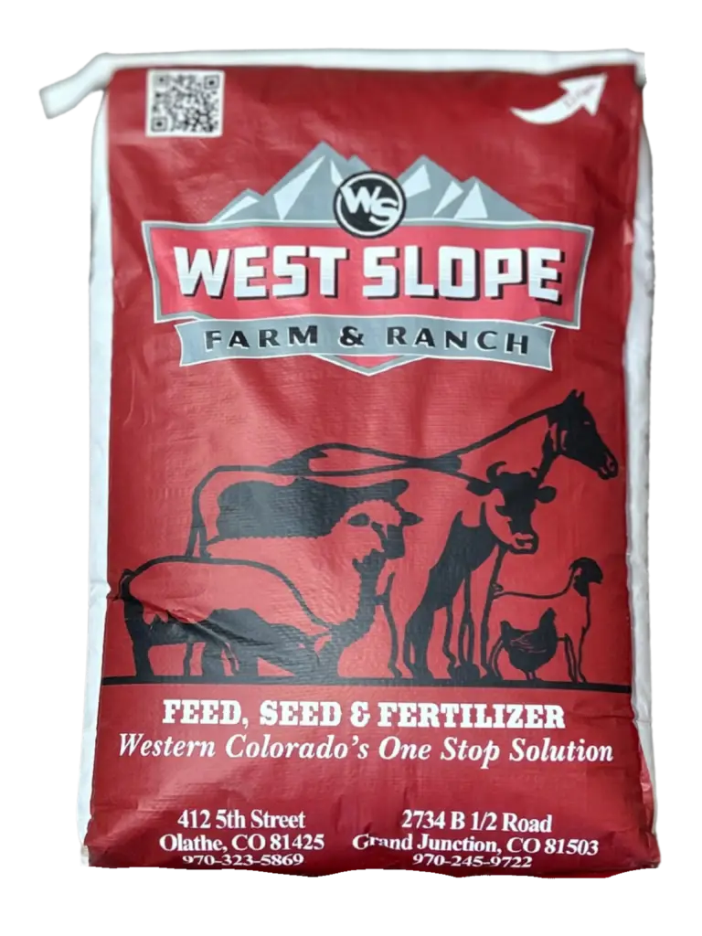 Red West Slope Farm & Ranch Delta feed bag for our premium feed, found in our feed store Delta, CO